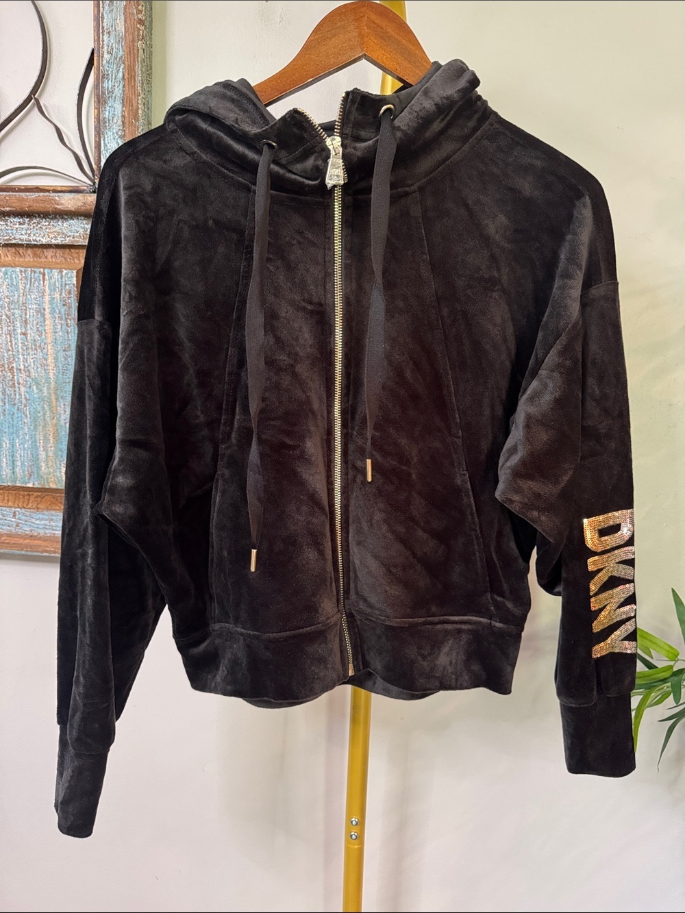 DKNY Black Velvet Hoodie with Gold and silver sequins Logo Sleeve EUC